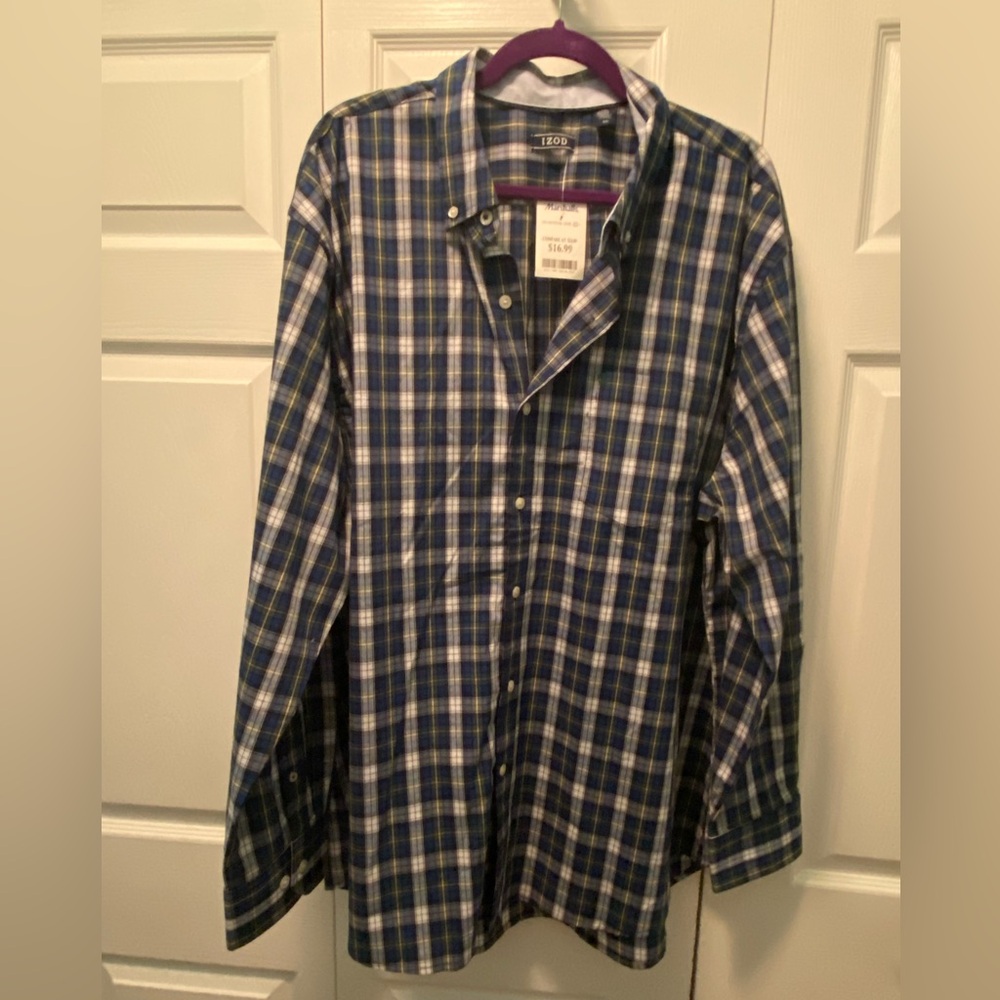 Izod Men’s Blue/Green Plaid Long Sleeve Button Down Shirt XXL New With Tags